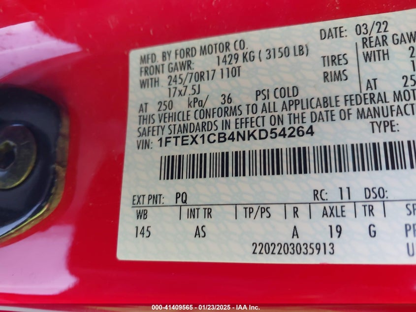 2022 FORD F-150 VIN: 1FTEX1CB4NKD54264