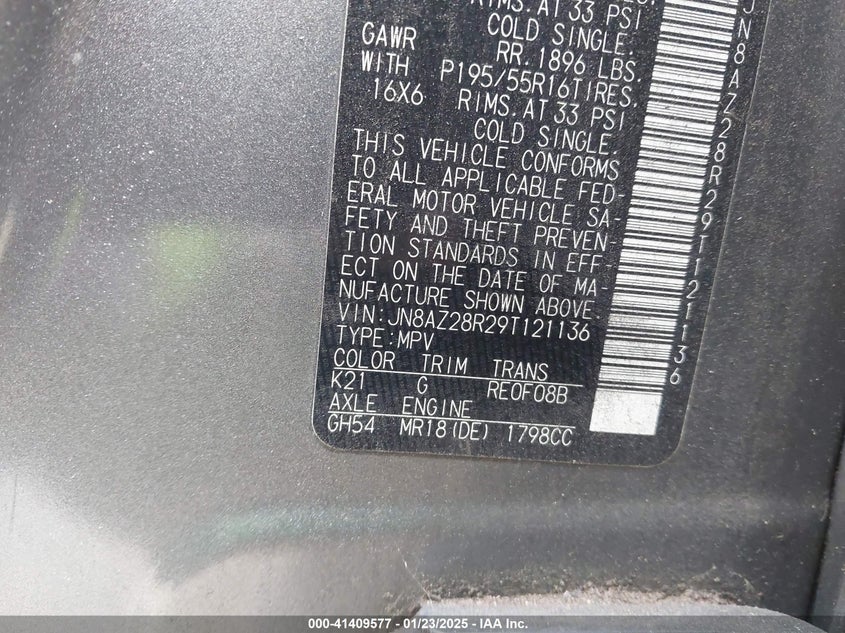 2009 NISSAN CUBE VIN: JN8AZ28R29T121136