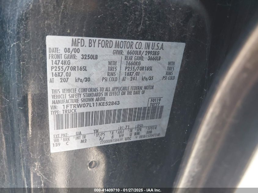 2001 Ford F-150 Harley-Davidson Edition/King Ranch Edition/Lariat/Xlt VIN: 1FTRW07L11KE52843 Lot: 41409710