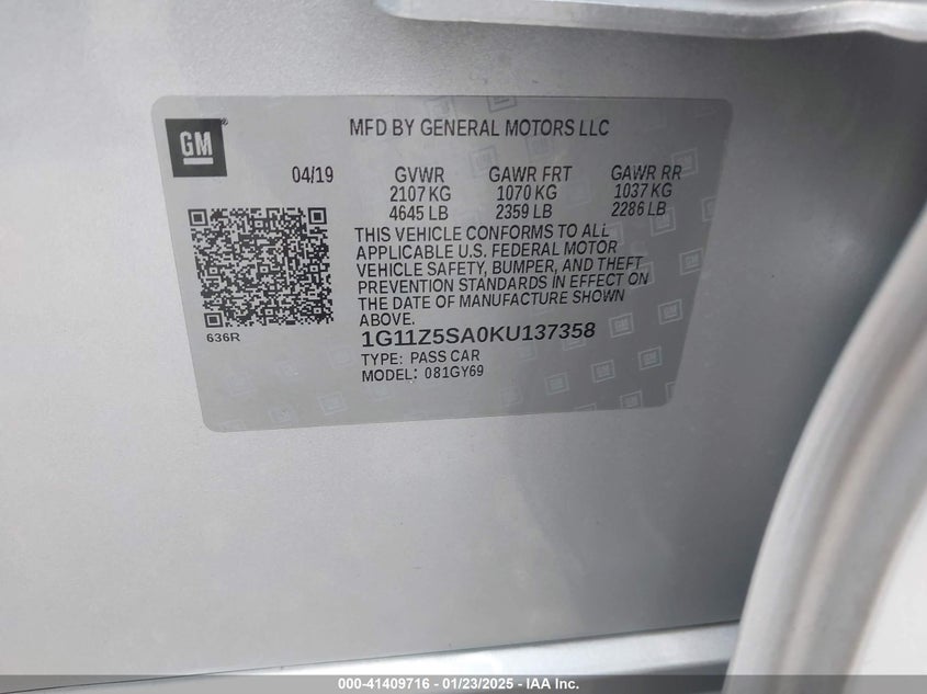 2019 CHEVROLET IMPALA VIN: 1G11Z5SA0KU137358