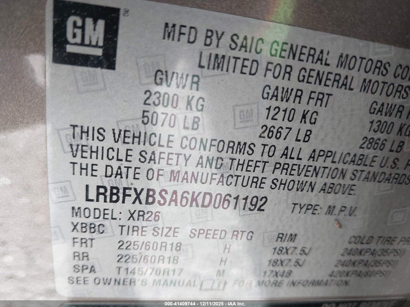 2019 Buick Envision Fwd Preferred VIN: LRBFXBSA6KD061192 Lot: 41409744