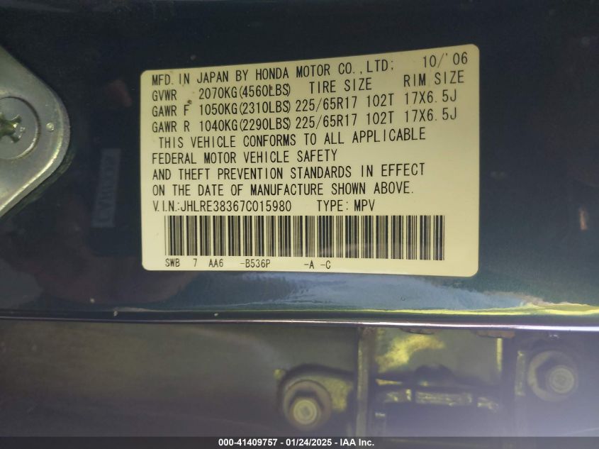 2007 Honda Cr-V VIN: JHLPE38367C015980 Lot: 41409757