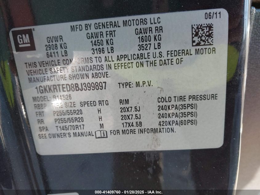 2011 GMC Acadia Denali VIN: 1GKKRTED8BJ399889 Lot: 41409760