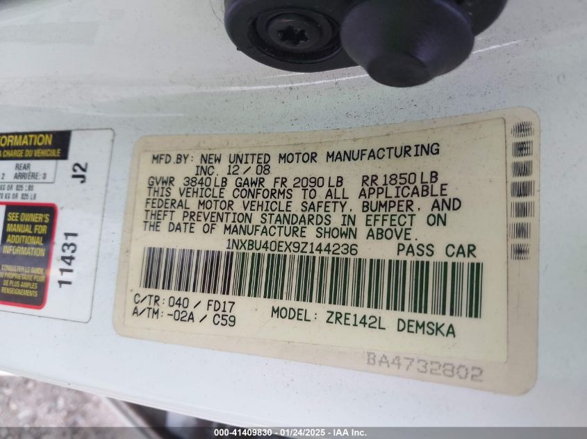 2009 Toyota Corolla S VIN: 1NXBU40EX9Z144236 Lot: 41409830