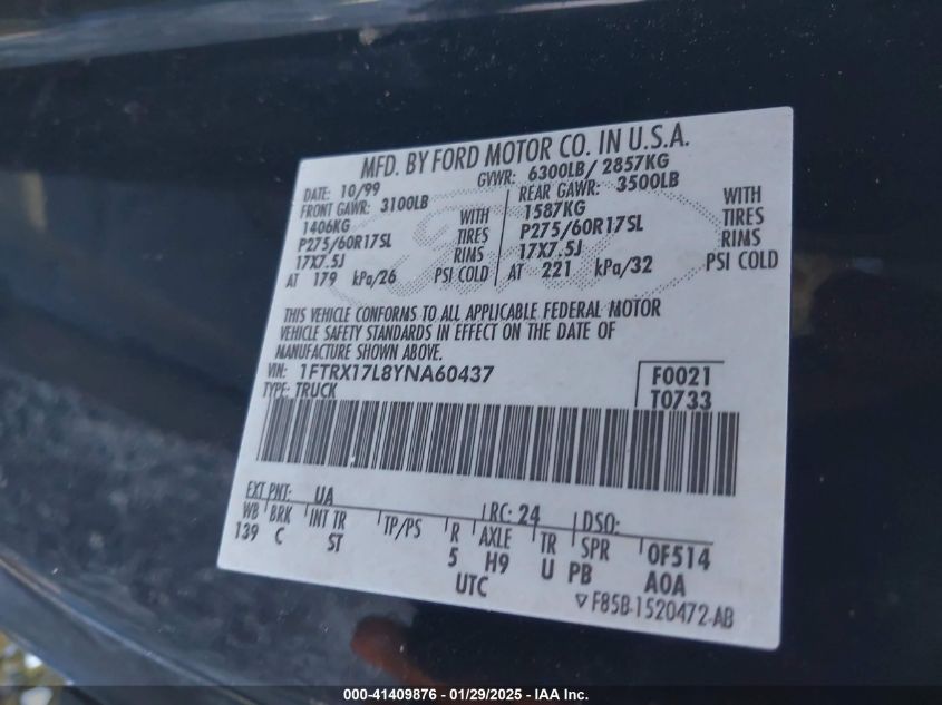 2000 Ford F-150 Lariat/Work Series/Xl/Xlt VIN: 1FTRX17L8YNA60437 Lot: 41409876