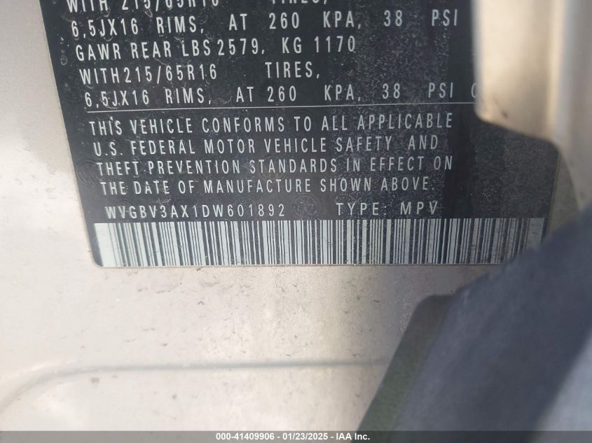 2013 Volkswagen Tiguan S VIN: WVGBV3AX1DW601892 Lot: 41409906