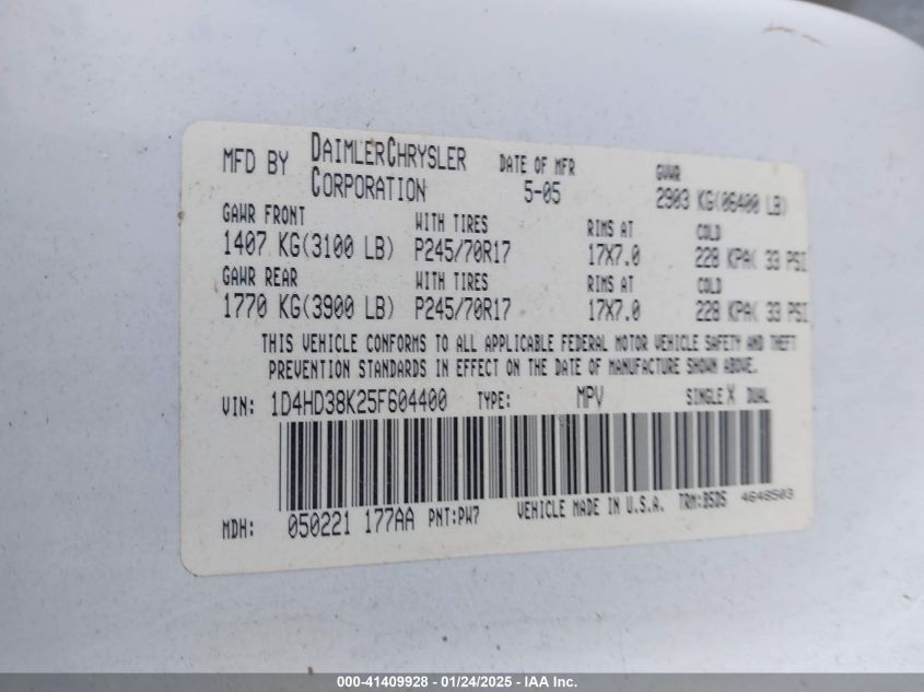 2005 Dodge Durango St VIN: 1D4HD38K25F604400 Lot: 41409928
