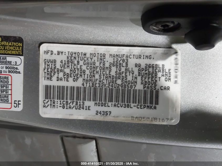 2004 Toyota Camry Le VIN: 4T1BE32K24U298507 Lot: 41410021