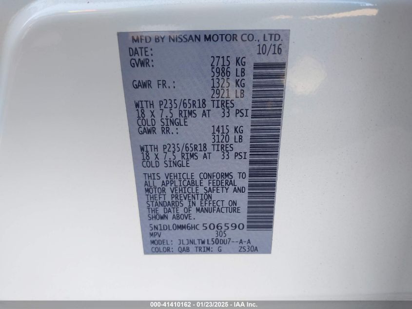 2017 Infiniti Qx60 VIN: 5N1DL0MM6HC506590 Lot: 41410162