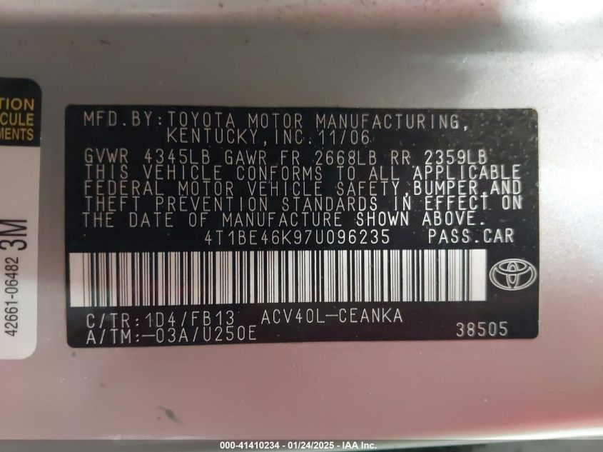 2007 Toyota Camry Le VIN: 4T1BE46K97U096235 Lot: 41410234