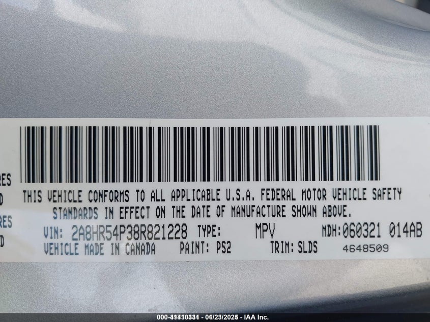 2008 Chrysler Town & Country Touring VIN: 2A8HR54P38R821228 Lot: 41410331