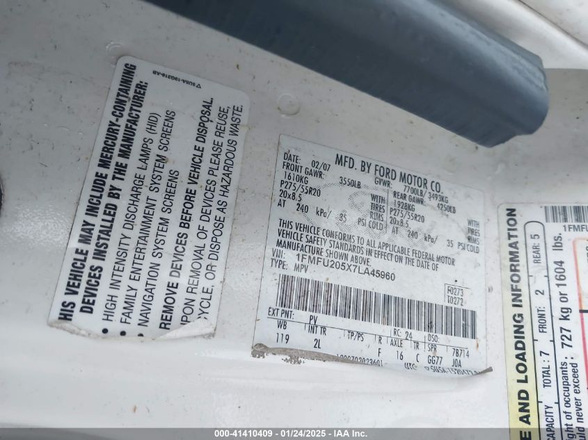 2007 Ford Expedition Limited VIN: 1FMFU205X7LA45960 Lot: 41410409