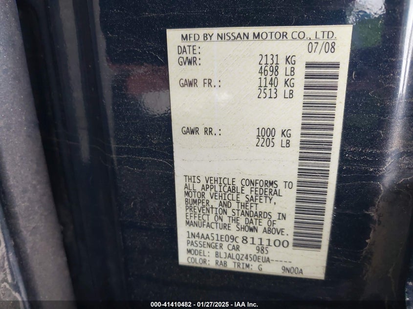 2009 NISSAN MAXIMA VIN: 1N4AA51E09C811100
