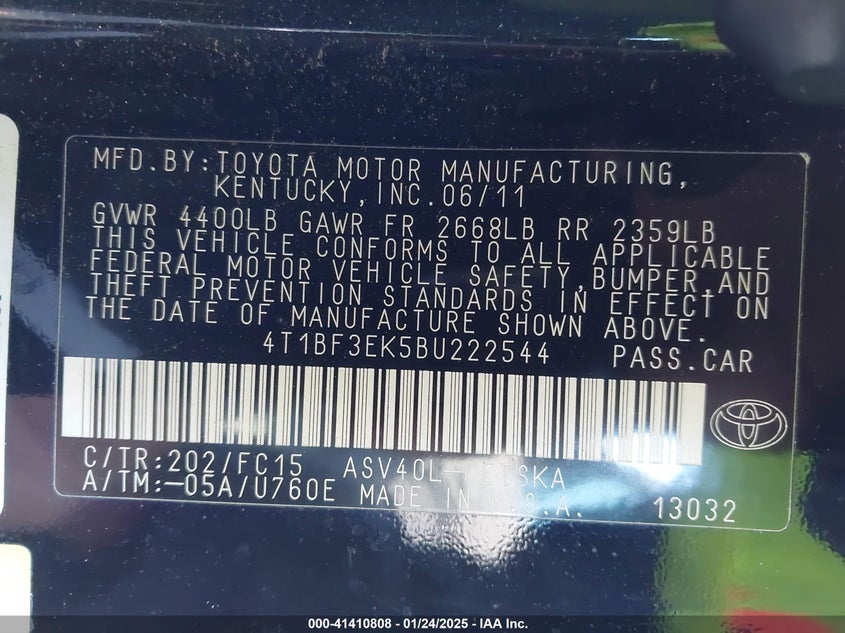 2011 TOYOTA CAMRY VIN: 4T1BF3EK5BU222544
