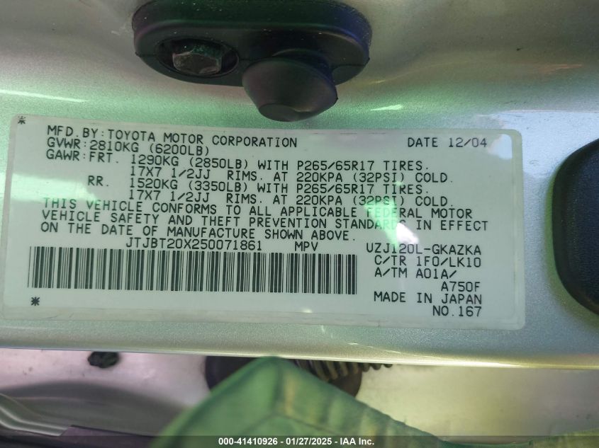 2005 Lexus Gx 470 VIN: JTJBT20X250071861 Lot: 41410926