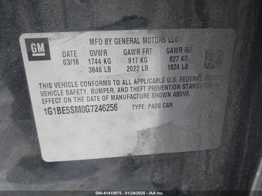 2016 CHEVROLET CRUZE VIN: 1G1BE5SM0G7246256