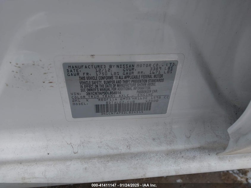 2013 NISSAN VERSA VIN: 3N1CN7AP5DL854514