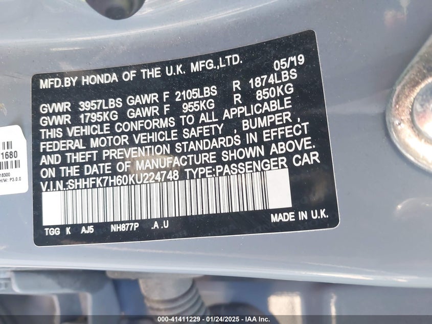 2019 HONDA CIVIC VIN: SHHFK7H60KU224748