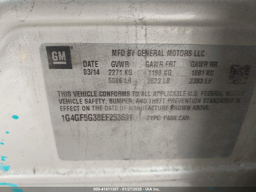 2014 BUICK LACROSSE VIN: 1G4GF5G38EF253691