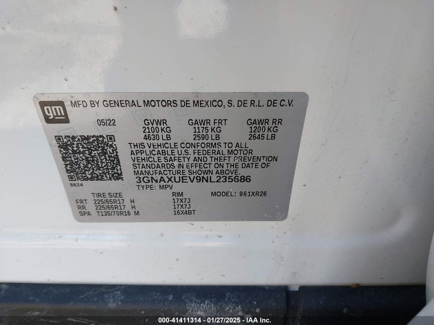 2022 CHEVROLET EQUINOX VIN: 3GNAXUEV9NL235686