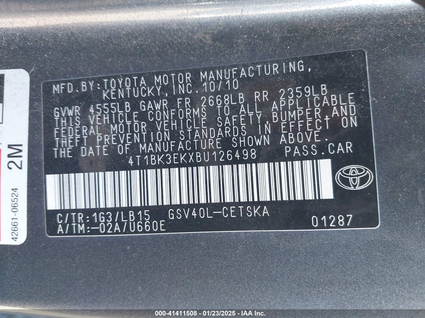 2011 TOYOTA CAMRY VIN: 4T1BK3EKXBU126498