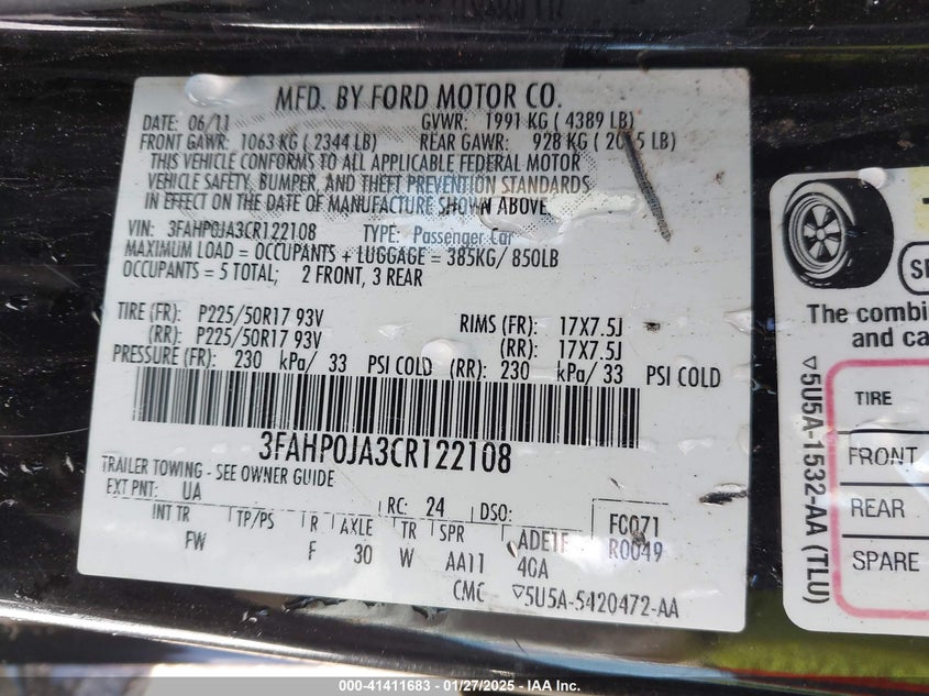 2012 FORD FUSION VIN: 3FAHP0JA3CR122108