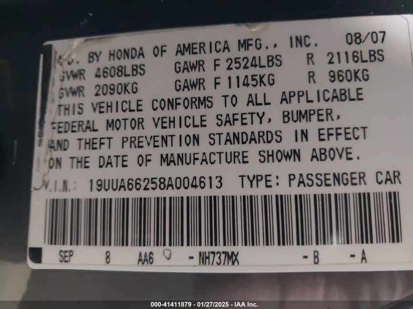 2008 ACURA TL VIN: 19UUA66258A004613