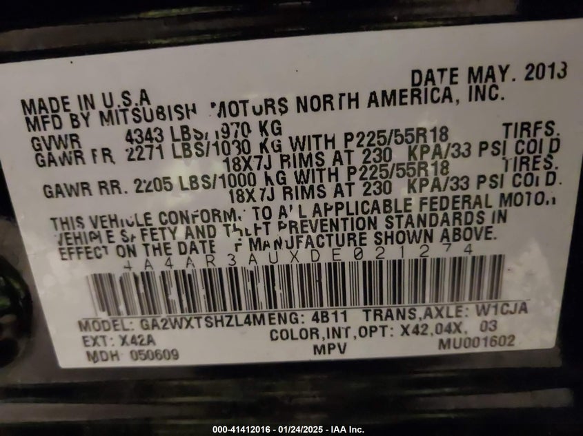 2013 Mitsubishi Outlander Sport Es VIN: 4A4AR3AUXDE021274 Lot: 41412016