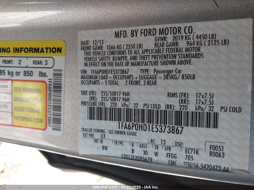2014 FORD FUSION VIN: 1FA6P0HD1E5373867