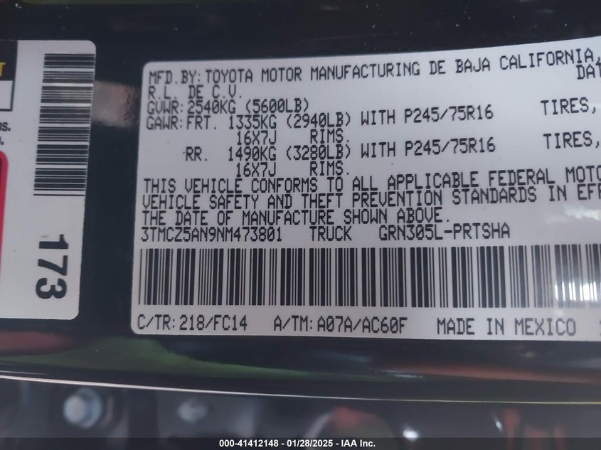 2022 TOYOTA TACOMA VIN: 3TMCZ5AN9NM473801