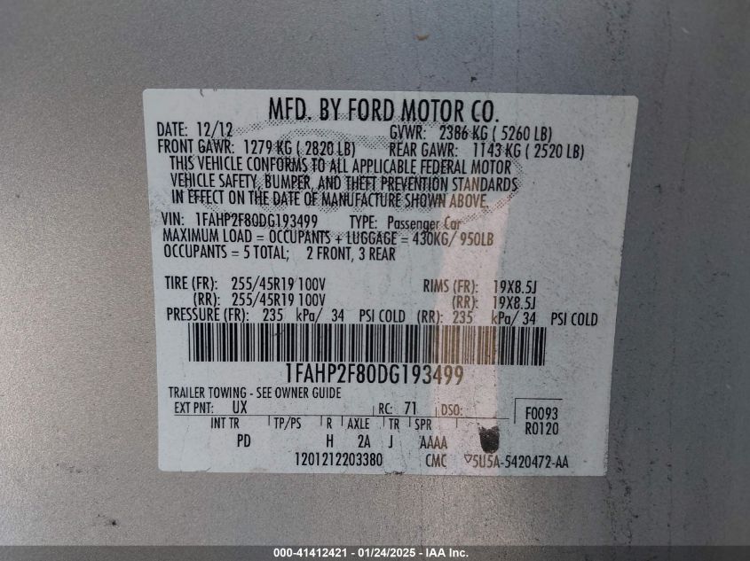 2013 Ford Taurus Limited VIN: 1FAHP2F80DG193499 Lot: 41412421