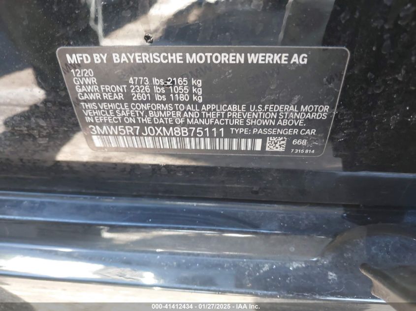 2021 BMW 330I xDrive VIN: 3MW5R7J0XM8B75111 Lot: 41412434