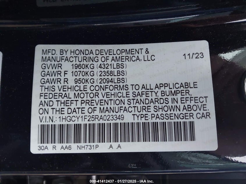 2024 HONDA ACCORD VIN: 1HGCY1F25RA023349