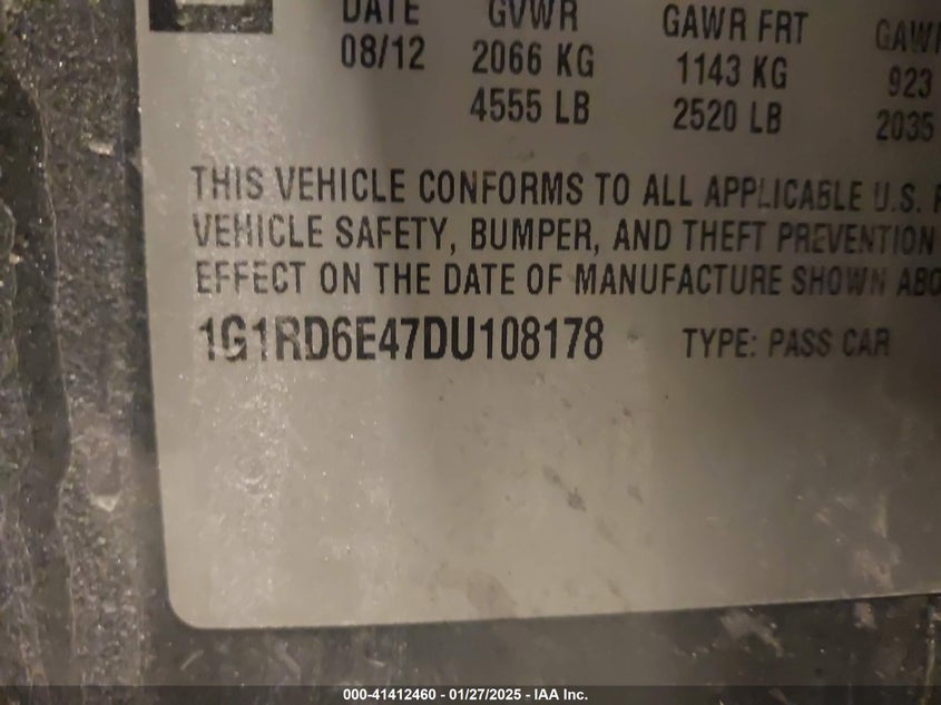 2013 CHEVROLET VOLT VIN: 1G1RD6E47DU108178