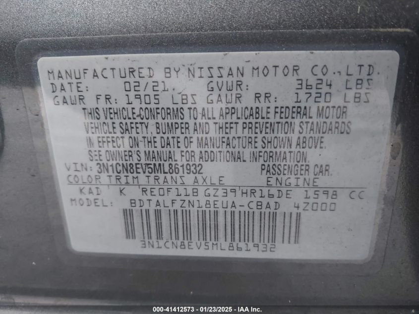 2021 Nissan Versa Sv Xtronic Cvt VIN: 3N1CN8EV5ML861932 Lot: 41412573