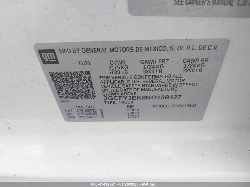 2022 CHEVROLET SILVERADO 1500 LTD VIN: 3GCPYJEK8NG138427