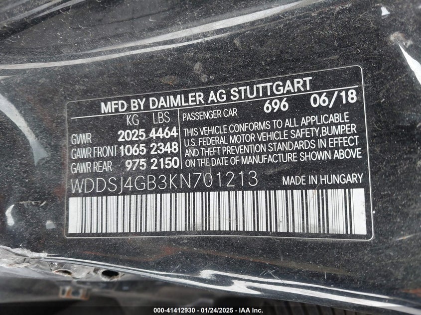 2019 MERCEDES-BENZ CLA 250 VIN: WDDSJ4GB3KN701213