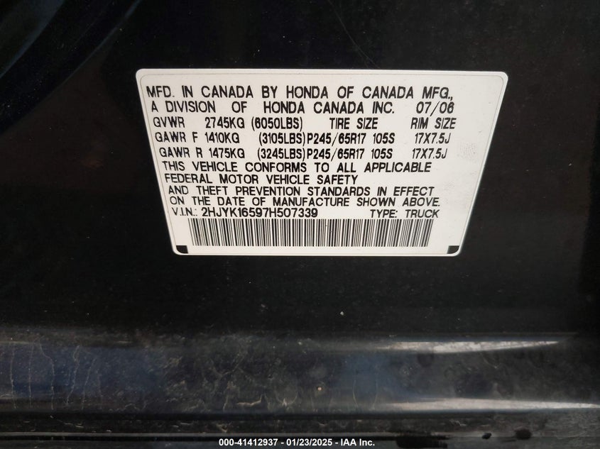 2007 HONDA RIDGELINE VIN: 2HJYK16597H507339