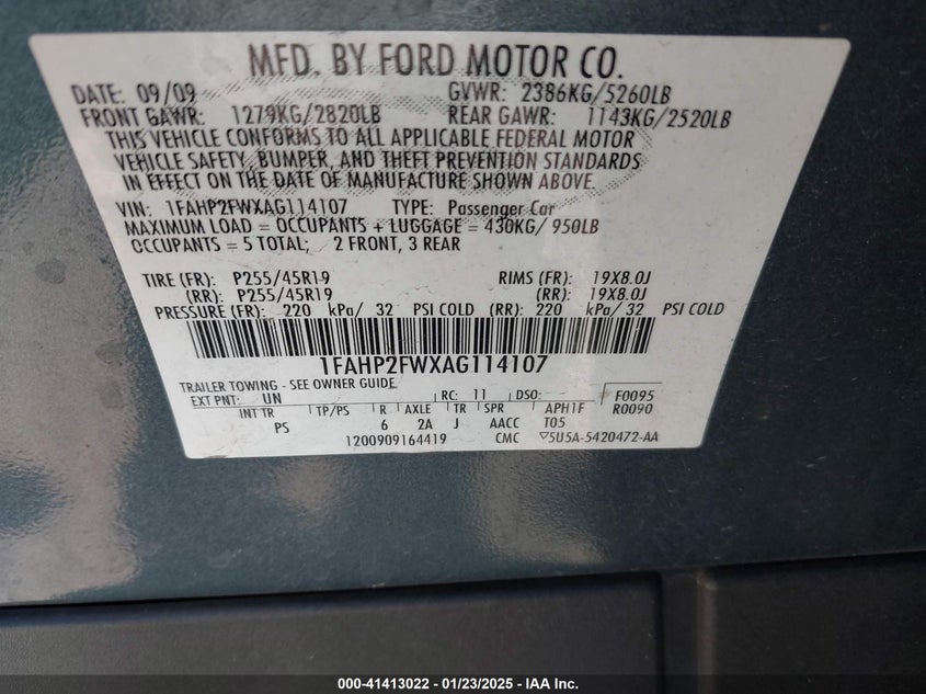 2010 FORD TAURUS VIN: 1FAHP2FWXAG114107