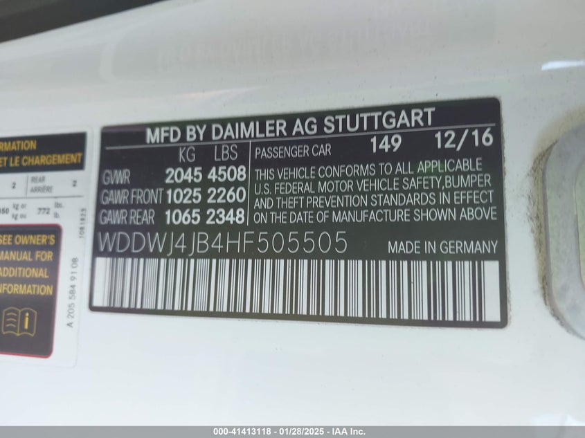 2017 MERCEDES-BENZ C 300 VIN: WDDWJ4JB4HF505505