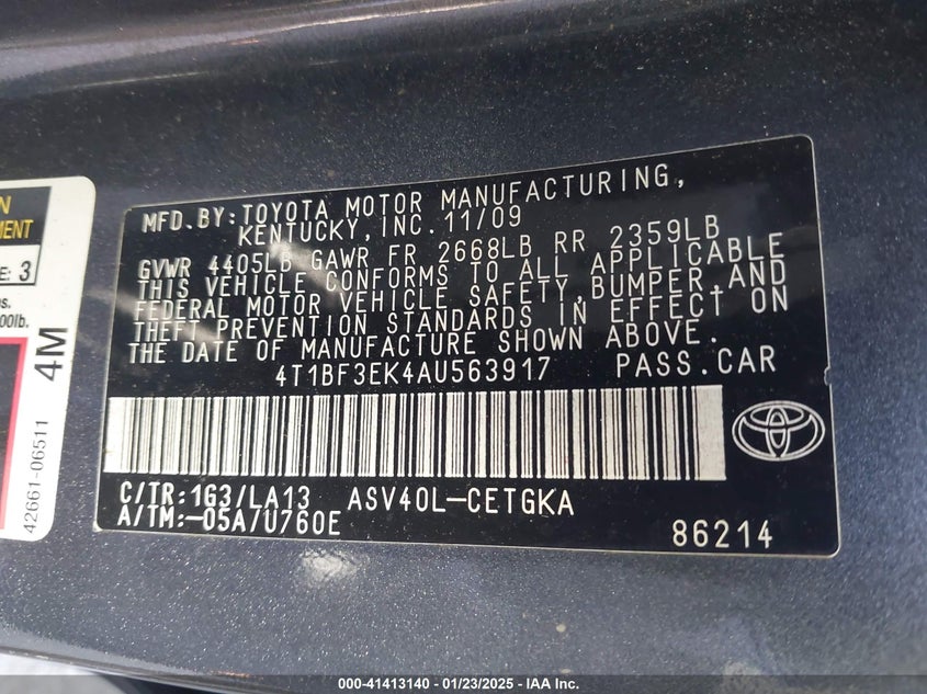 2010 TOYOTA CAMRY VIN: 4T1BF3EK4AU563917
