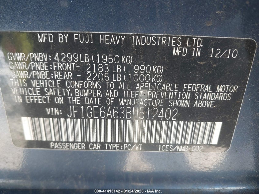 2011 SUBARU IMPREZA VIN: JF1GE6A63BH512402