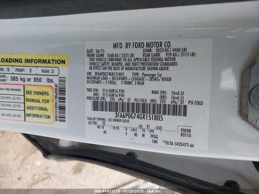 2016 FORD FUSION VIN: 3FA6P0G74GR151805