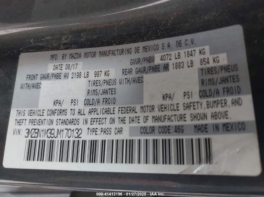 2018 Mazda Mazda3 Grand Touring VIN: 3MZBN1M39JM170132 Lot: 41413196