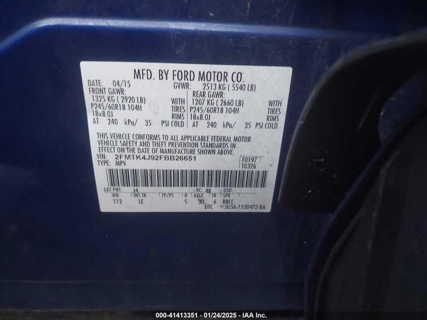 2015 Ford Edge Sel VIN: 2FMTK4J92FBB26651 Lot: 41413351