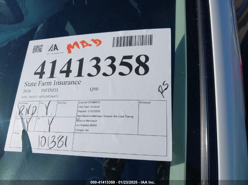 2016 Infiniti Q50 3.0T Premium VIN: JN1EV7AP1GM306433 Lot: 41413358
