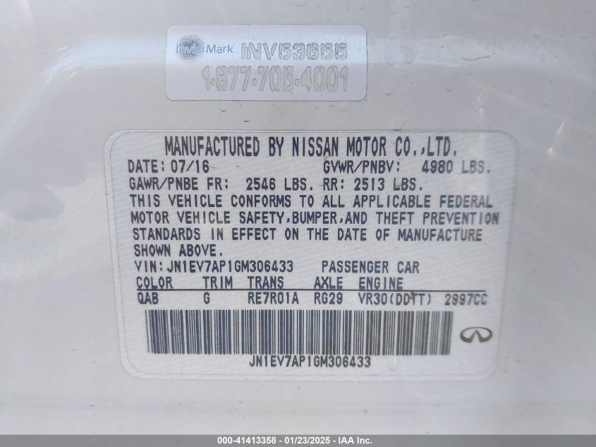 2016 Infiniti Q50 3.0T Premium VIN: JN1EV7AP1GM306433 Lot: 41413358