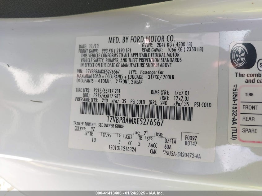 2014 FORD MUSTANG VIN: 1ZVBP8AMXE5276567