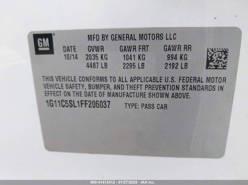 2015 CHEVROLET MALIBU VIN: 1G11C5SL1FF206037