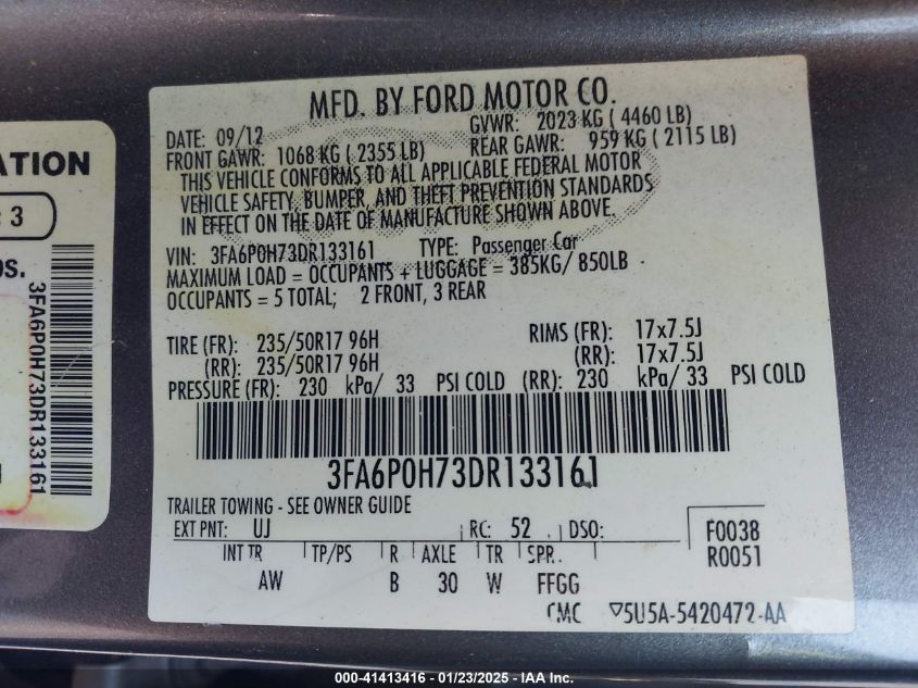 VIN 3FA6P0H73DR133161 2013 FORD FUSION no.9